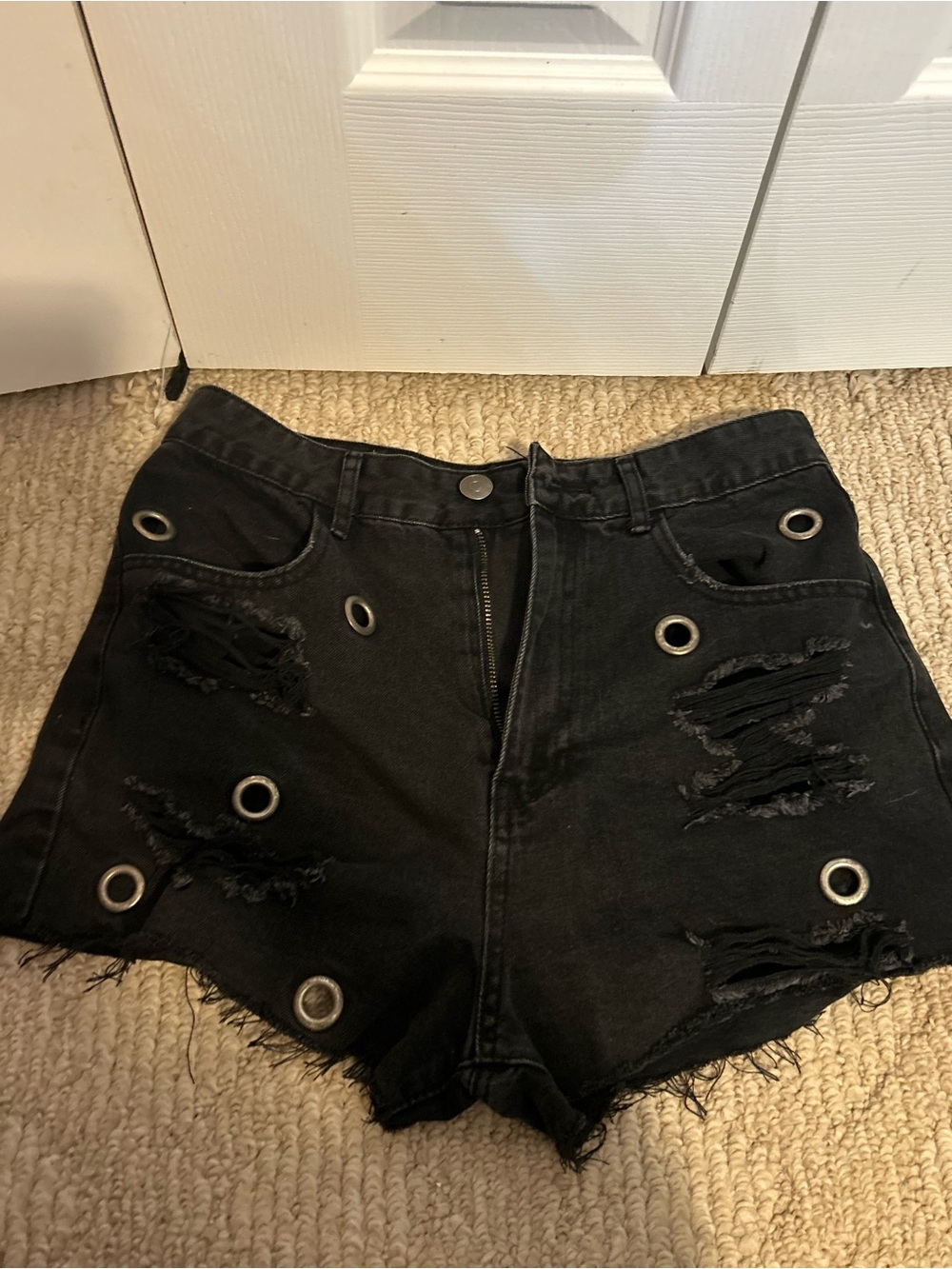 Forever 21 Black Distressed Grommet High-Rise Jean Shorts